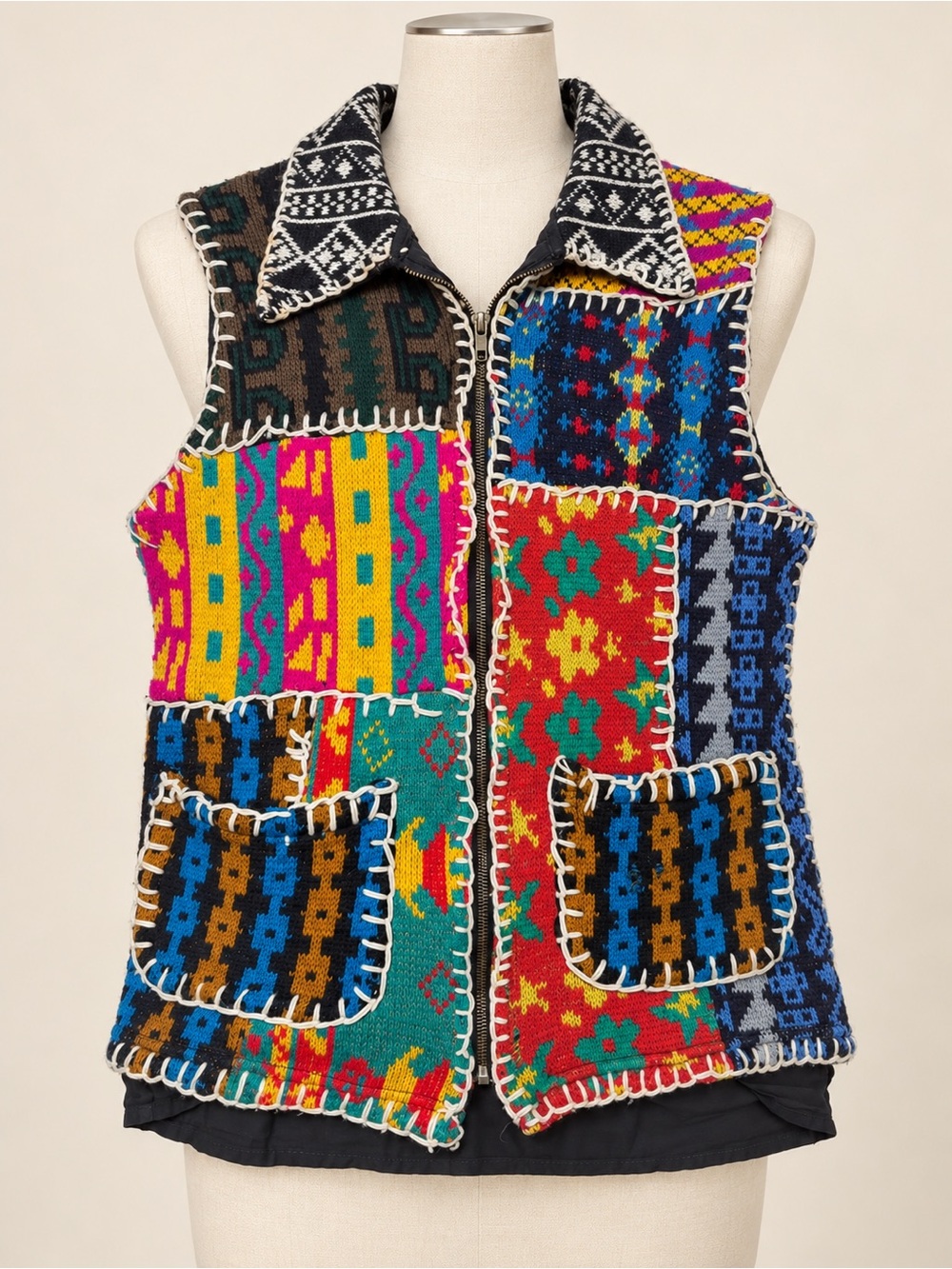 Vintage JouJou Patchwork Wool Blend Zip Vest Colorful Boho Size M